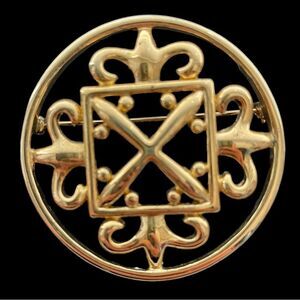 Abstract Fleur De Lis Design Heavy Gold Plated Statement Vintage Brooch